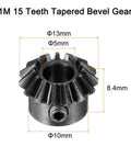 1M 15 teeth tapered bevel gear with dimensions labeled, showcasing 13mm external diameter and 5mm bore size.