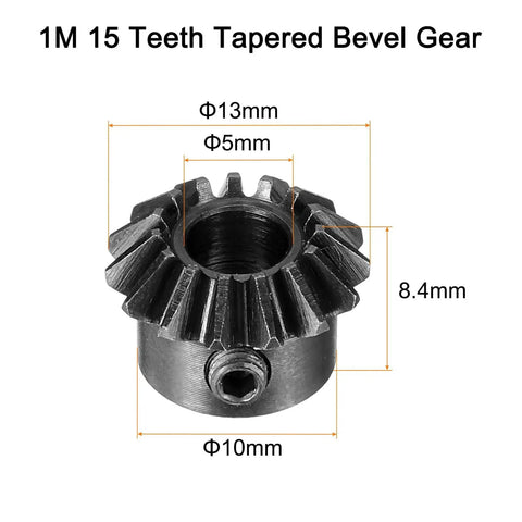 1M 15 teeth tapered bevel gear with dimensions labeled, showcasing 13mm external diameter and 5mm bore size.