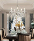 Dining room with 6 Light Black Crystal Chandelier With K9 Crystals, Modern Ceiling Fixture enhancing elegance and charm.