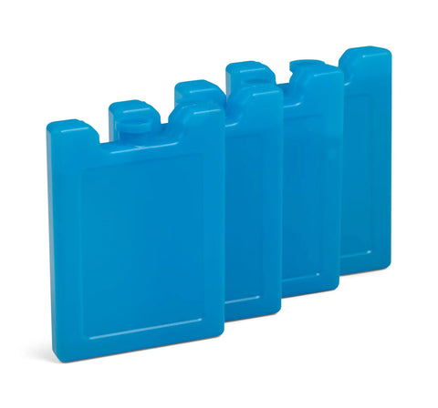 Four blue Maxcold Ice Block Four Pack Reusable Freezable Gel Cooling Blocks for Lunches Beverages and Meal Prep Non Toxic Ultratherm Gel