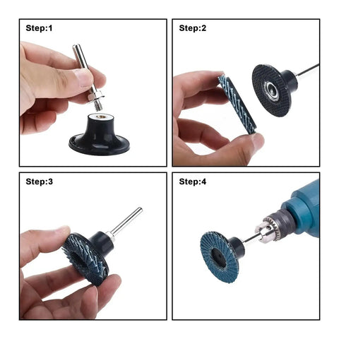 Process of attaching 40 Piece Quick Change Flap Discs With 1/4 Shank Holder for Fast Swap Roll Lock Sanding Wheels.