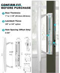 Super Slick White Diecast Sliding Patio Door Handle Set dimensions for 1 to 1-1/8 inch thick glass doors and 6-5/8 inch hole spacing.
