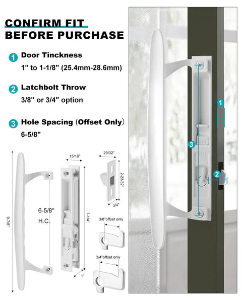 Super Slick White Diecast Sliding Patio Door Handle Set dimensions for 1 to 1-1/8 inch thick glass doors and 6-5/8 inch hole spacing.