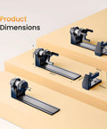 Ultra Versatile 4 In 1 Laser Rotary Chuck for Engraving Cylindrical Objects shown in different dimensions and views