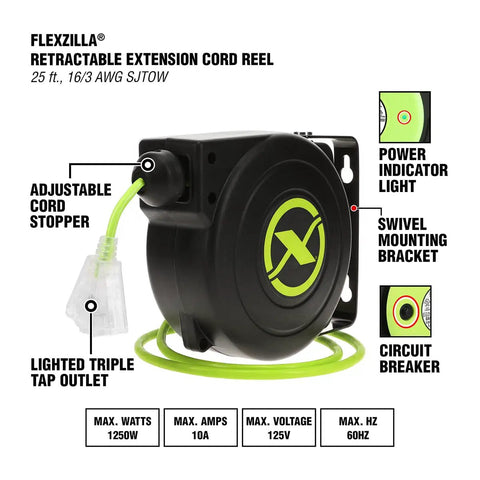 Retractable 25 Ft Extension Cord Reel With 16/3 SJTOW Oil Resistant Cable, Lighted Triple Tap Outlet, heavy-duty reel
