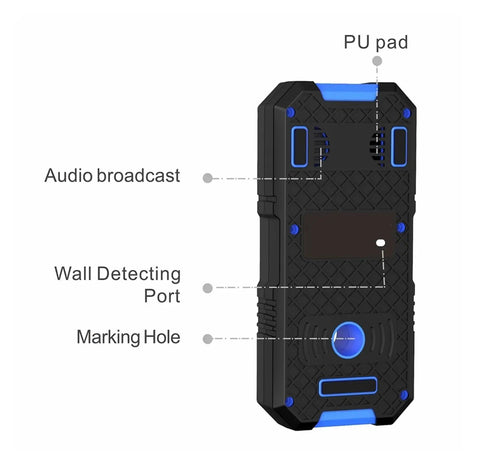 Pro Grade Digital Stud Finder Wall Scanner With AC Wire Detector Auto Depth Gauge showing audio broadcast and wall detecting features.