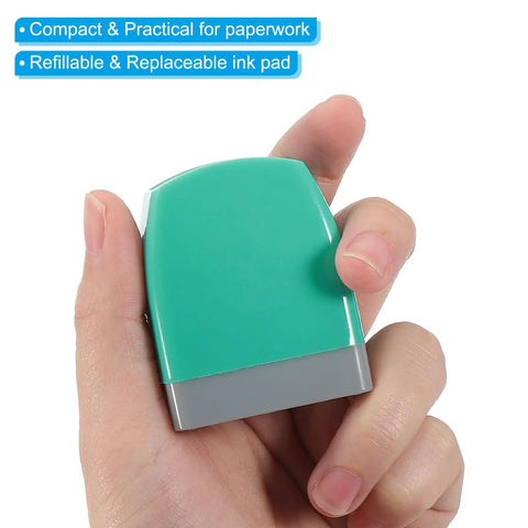 Sweet Acting On Time Self Inking Stamp For Quick Daily Office Grinds Featuring Refillable Red Ink held in hand, compact green design.