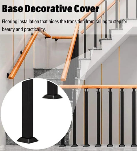Base decorative cover for Top Tier Black Wrought Iron Stair Railings And Baluster Posts For Modern Deck Stairs.