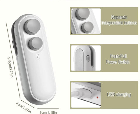 Rechargeable 2 In 1 Bag Sealer With Cutter And Magnet, featuring USB charging and separate independent buttons, dimensions 9.5cmx4cmx3cm