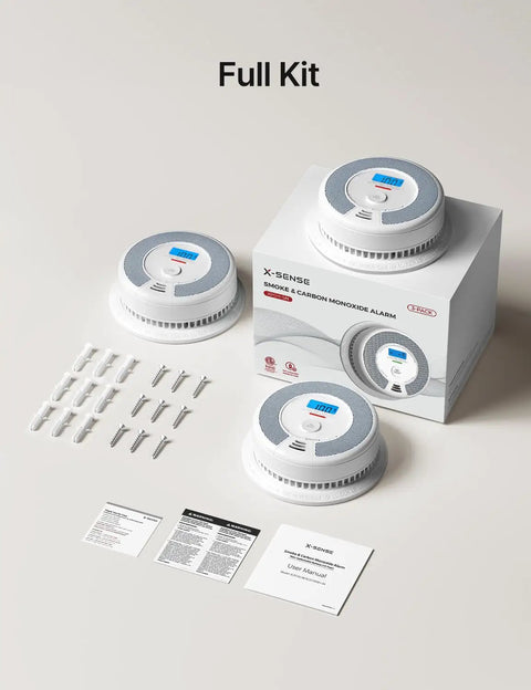 Top Shelf Smoke Detector And Carbon Monoxide Alarm Combo 3 Pack ETL Approved Home Safety Setup with manual and mounting kits.