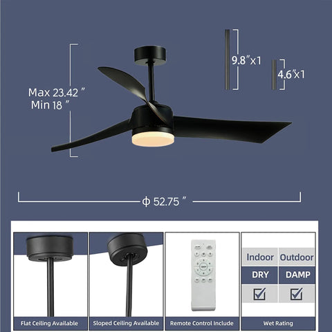 52 Inch Dimmable LED Ceiling Fan With Remote Control, 3 Curved Blades, Black Finish, Adjustable Downrods Display
