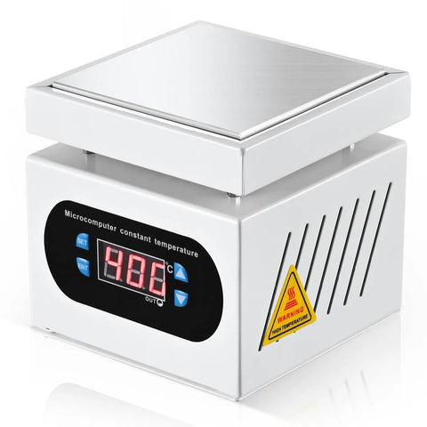 High Power Soldering Hot Plate Station 110V 350W With 100X100mm Aluminum Plate Heats From 30 To 400 Degrees Celsius Efficient Multi Tube Heating And Two Dimensional Cooling For PCB Rework And Lab Use, digital display, cooling vents.