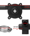 High Power Electric Drill Pump For Water Gasoline Oil Diesel Fluid Transfer With Self Priming Heavy Duty Build And High Pressure Efficiency For Fast Work Jobs image showing dimensions and components of a lightweight black drill pump.