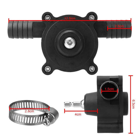 High Power Electric Drill Pump For Water Gasoline Oil Diesel Fluid Transfer With Self Priming Heavy Duty Build And High Pressure Efficiency For Fast Work Jobs image showing dimensions and components of a lightweight black drill pump.