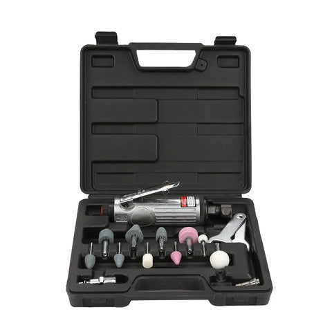 Top Shelf Air Die Grinder Kit in a black case, includes various polishing bits and a compact metal sander for jewelry buffing.