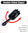 Universal Zipper Repair Kit 9 Pack With Small Medium Large Sliders And Three Zipper Pulls Per Size For Jackets Backpacks Coats Tents Luggage And Bags Black Durable Metal Pulls Included For Easy Replacement On Gear, double sided zipper slider with 180-degree rotation, made of zinc alloy with matte texture, shown with red rotation arrows.