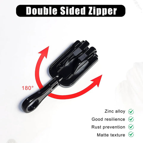 Universal Zipper Repair Kit 9 Pack With Small Medium Large Sliders And Three Zipper Pulls Per Size For Jackets Backpacks Coats Tents Luggage And Bags Black Durable Metal Pulls Included For Easy Replacement On Gear, double sided zipper slider with 180-degree rotation, made of zinc alloy with matte texture, shown with red rotation arrows.