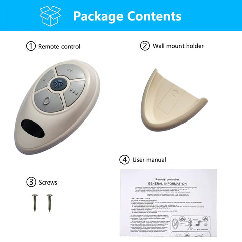 Replacement Ceiling Fan Remote For Harbor Breeze Allen Roth, 303.9MHz With 3 Speed Light Dimmer Learn Key, wall mount, manual, screws