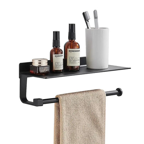 Black Wall Mount Towel Holder With Shelf For Bathroom And Kitchen All In One Do It All Multi Functional Paper Towel Holder with towels and toiletries