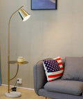 Brushed Antique Brass Floor Lamp With Built In Table Adjustable Reading And Office Light E26 Base Slim Modern Design