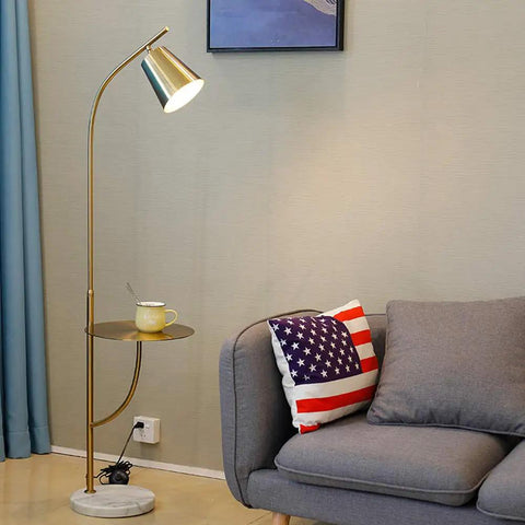 Brushed Antique Brass Floor Lamp With Built In Table Adjustable Reading And Office Light E26 Base Slim Modern Design