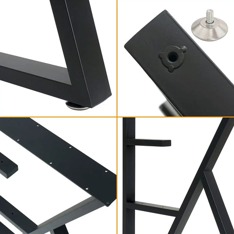 Close-up of 3-Tier Metal Table Legs Set Of 2, Beefy Black Steel Desk And Dining Table Legs with adjustable feet and K-shaped frame.