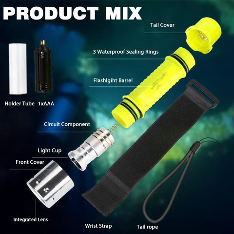 Exploded view of Two Pack Scuba Diving Flashlights 1200 Lumen T6 LED Dive Light With IPX8 Waterproof Underwater Torch components.