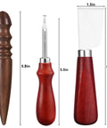Front view of Leather Craft Tool Set Six Piece With Four Edge Bevelers In 0.8mm, 1.0mm, 1.2mm, 1.5mm, Plus Cutting Knife, Skiving Knife, And Sandalwood Burnisher For Smooth Edges And Precise Creasing