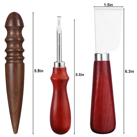 Front view of Leather Craft Tool Set Six Piece With Four Edge Bevelers In 0.8mm, 1.0mm, 1.2mm, 1.5mm, Plus Cutting Knife, Skiving Knife, And Sandalwood Burnisher For Smooth Edges And Precise Creasing