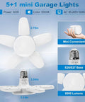 Five Pack Mini 60W LED Garage Lights With E26 E27 Base Deformable Five Plus One Panel Design 6000K Daylight diagram