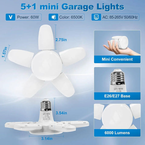 Five Pack Mini 60W LED Garage Lights With E26 E27 Base Deformable Five Plus One Panel Design 6000K Daylight diagram