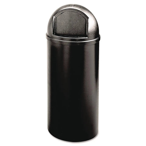Round 15 Gallon Tough Outdoor Trash Can With Odor Resistant Dome Top, Scratch Resistant Finish, Push Door Access, Black