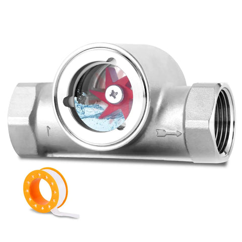 One Inch NPT Stainless Steel Water Flow Indicator Meter with tape, shown in glass-window side view, for plumbing and industrial use.
