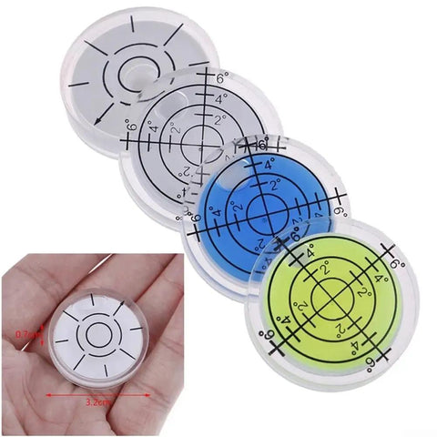 Three round bubble level vials in green, blue, and clear, size 32 x 7 mm, for acrylic spirit level and measuring layout tools.