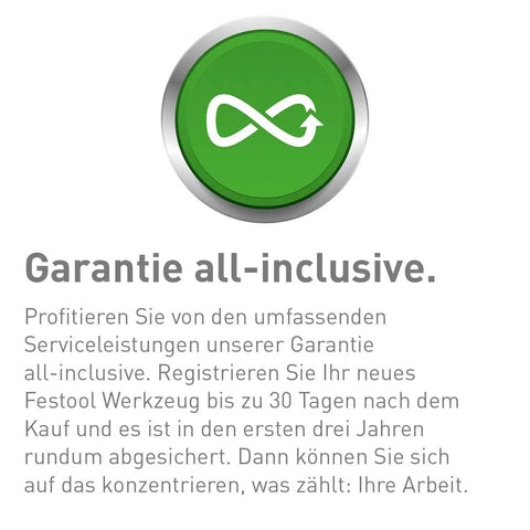 Green circular infinity symbol, Garantie all-inclusive text, Festool service information in German.