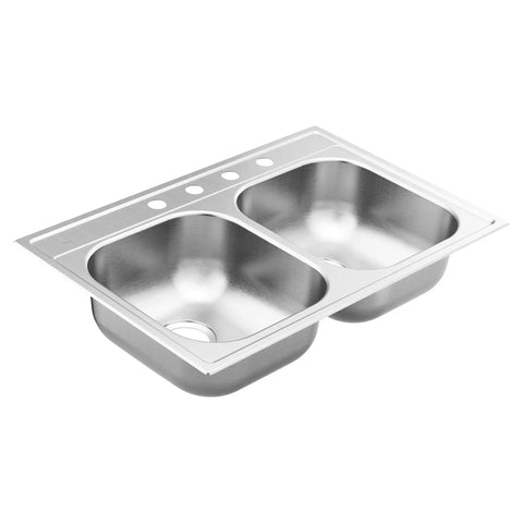 2000 Series 33 Inch 20 Gauge Drop In Double Bowl Stainless Steel Kitchen Sink with 4 holes, Quick Mount and Sound Shield Noise Reduction.