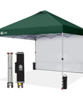 10x10 Pop Up Canopy Tent With One Side Wall For Beach Parties Camping And Events Fast One Push Centerlok Setup No Tools Needed Durable Outdoor Sun Shade Gazebo Includes STO N Go Carry Bag Forest Green with frame and carry bag displayed