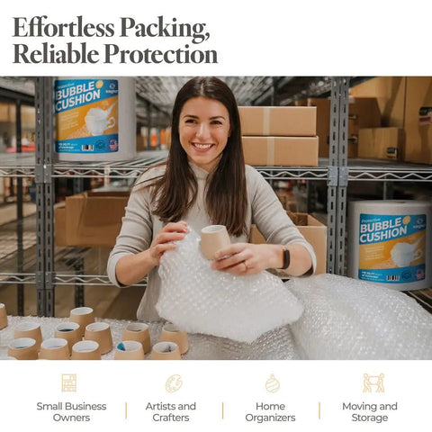 Woman holding 12 Inch Wide Bubble Cushioning Wrap Roll For Packing And Moving, 175 Feet Long, Perforated Every 12 Inches