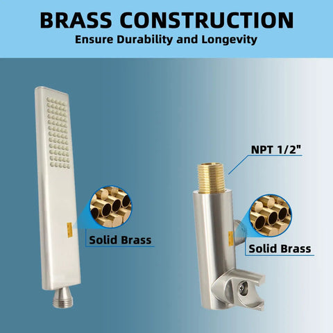 Solid Brass Handheld Shower Head With High Pressure Arc Design Brushed Nickel Finish 59 Inch Stainless Steel Hose Adjustable Wall Mount Elbow Connector Shower Holder All In One Hose Set brass construction detail