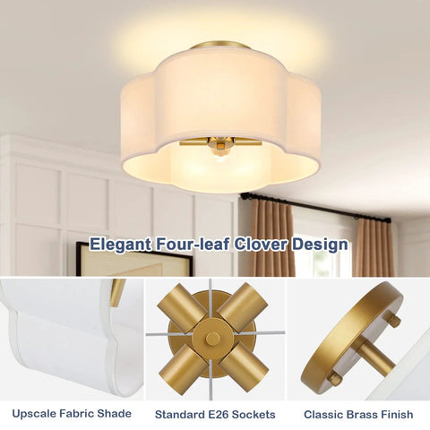 4 Light 14.4 Inch Semi Flush Mount Ceiling Light Fixture With Gold Brass Finish White Fabric Shade Modern Farmhouse Cozy Vibe Lamp