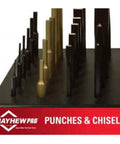 Close-up of 57 Piece Punch And Chisel Display Set For Mechanics And Pros on a black display with multi-color tray