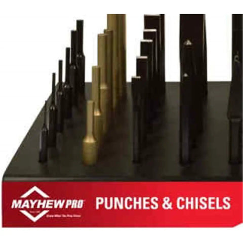 Close-up of 57 Piece Punch And Chisel Display Set For Mechanics And Pros on a black display with multi-color tray