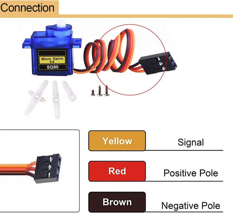 Connection details of SG90 Micro Servo Motors Pack 10 For Arduino RC Projects with wiring diagram and connector details.