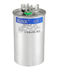 Dual Run Circular Start Capacitor 50 And 15 UF With Six Percent Tolerance, 370 To 440 Volt, CBB65, visible with terminals