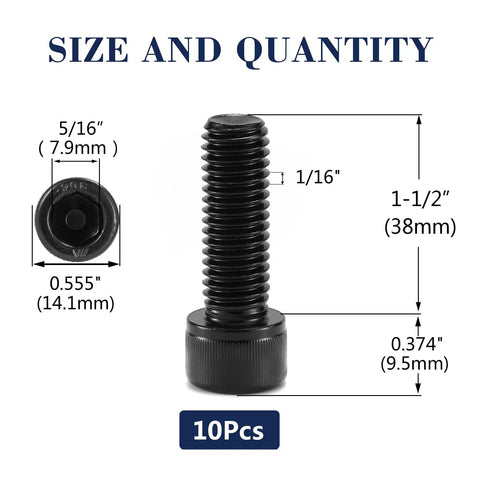 10 Piece 3/8-16 X 1-1/2 Inch Socket Head Cap Screws Crafted From Rugged 18-8 304 Stainless Steel For Heavy Duty Grit And No Sweat Rust Defense Featuring A Matte Black Oxide Shell And Full Thread Engagement Sweet For Weekend Crews And Homebase Builds With size and dimensions displayed