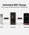 Wireless WiFi Meat Thermometer With Dual Probes Six Sensors Tenfold Stronger Signal Plus Or Minus 0.5 Degrees Fahrenheit Accuracy Smart Base Direct Setup Reliable Readings For Kamado Grills Ovens Smokers And Air Fryers, shown with probes, smart base, and app interface.