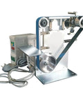 No Fluff Heavy Duty Electric Belt Sander And Grinder Combo Rock Solid Steel Build Brushless Motor Variable Speed Switch Forward Reverse Action side view of steel frame belt sander with motor and variable speed dial.