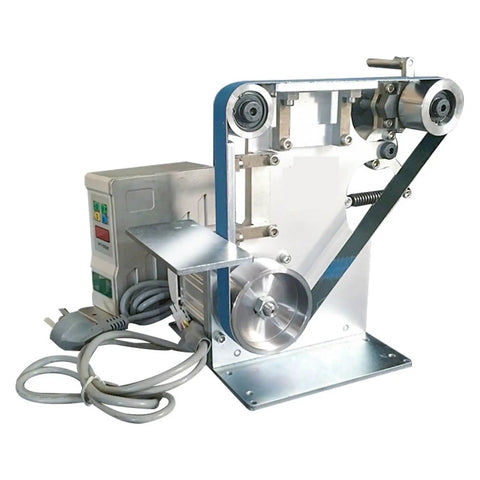 No Fluff Heavy Duty Electric Belt Sander And Grinder Combo Rock Solid Steel Build Brushless Motor Variable Speed Switch Forward Reverse Action side view of steel frame belt sander with motor and variable speed dial.