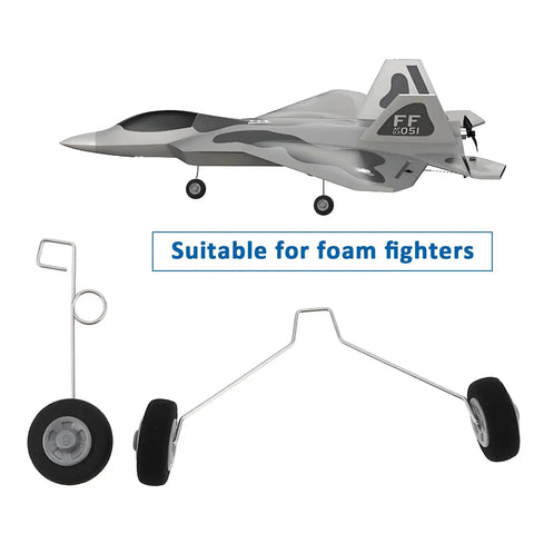 Five Pair Front And Rear RC Plane Wheels For Foam Fighter F22 Su27 HW33 Durable Metal And Sponge Tires shown with aircraft