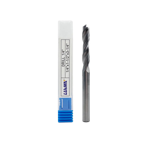 Solid Carbide Jobber Drill Bit With Straight Shank, 118 Degree Point, Quarter Inch Diameter next to packaging tube